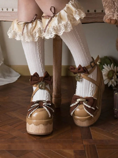 Light PU Round Clock Charm Brown - Shoes Toe Accents Platform Bow