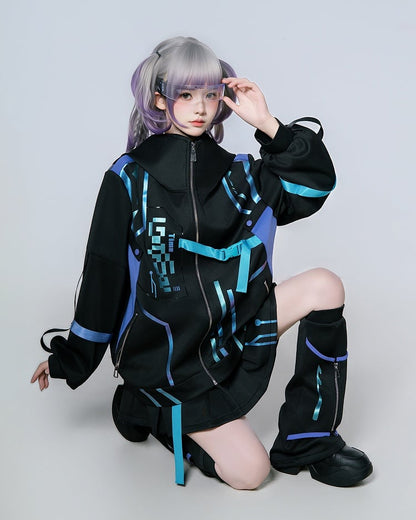 Matching Anime Hooded Purple Cyberpunk Blue Gradient Set: Jacket