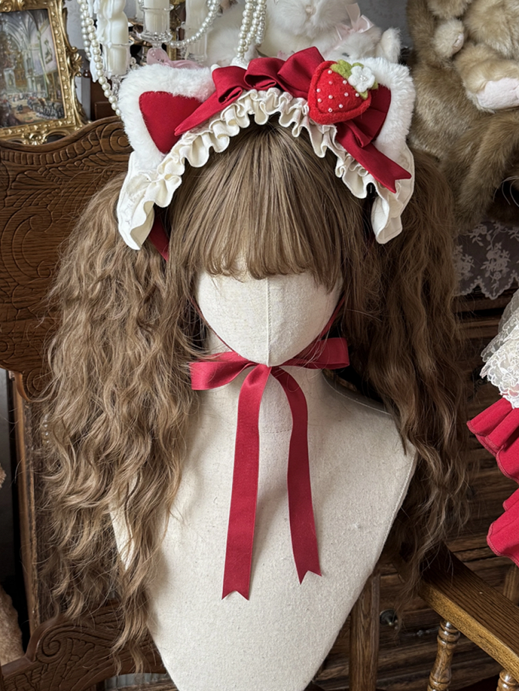 Hairband Strawberry Ear with Cat Adorable Plush Adorned Red