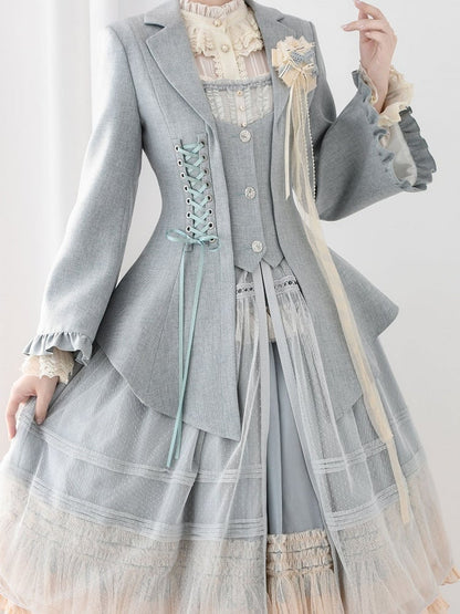Gray-Blue Retro Elegant Lace-Up Blazer