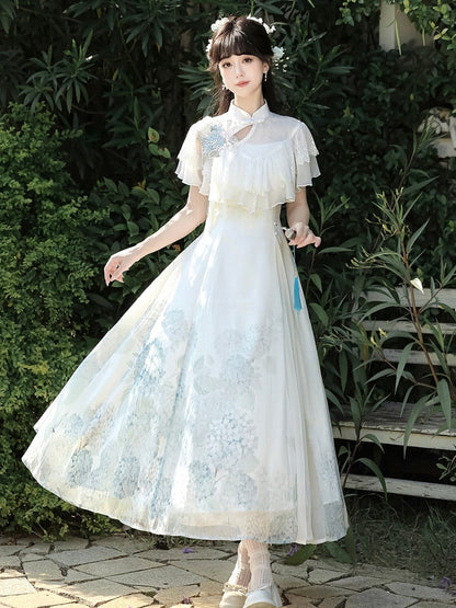Lace Lolita White with Dress Shawl Classic Hydrangea Print Elegant