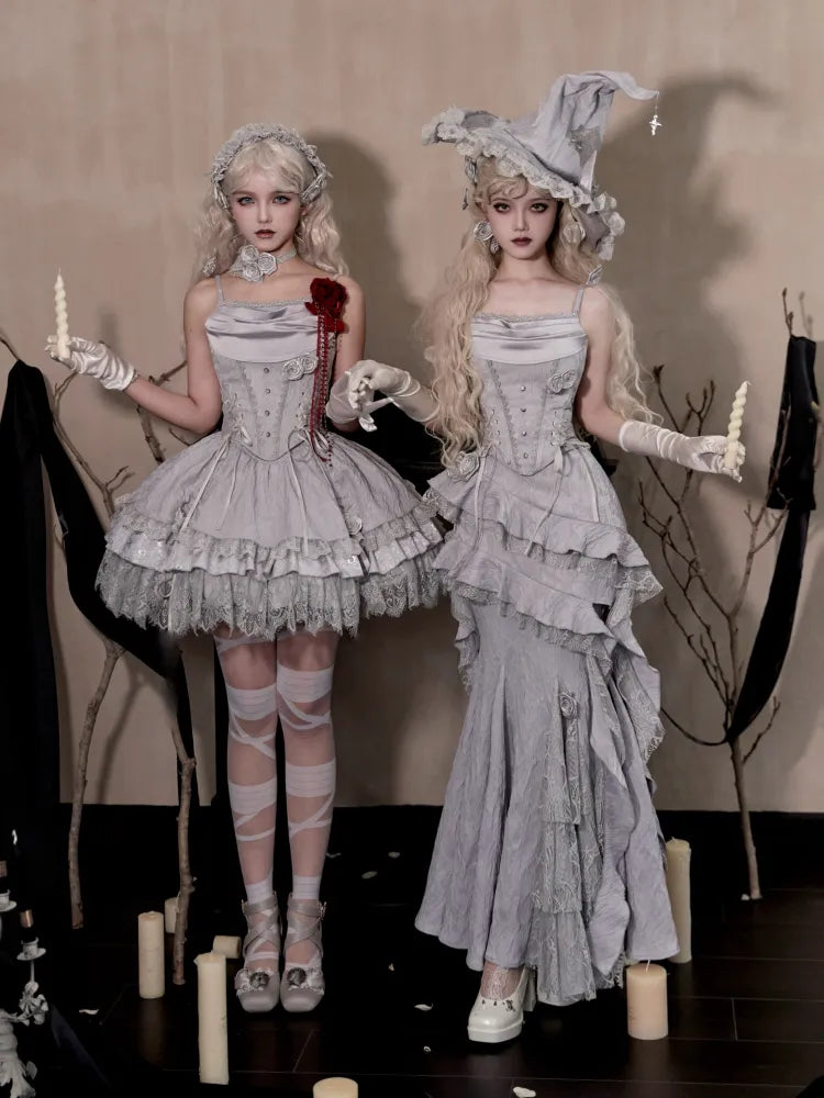 Kapuzenkorsett Hexenausschnitt Grau Lolita Boned Top Silber