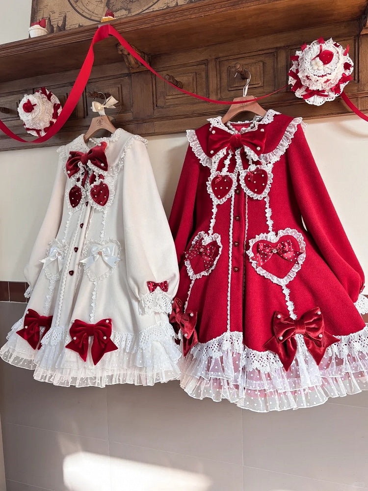 Red Trim Bows Lace White Coat with and Velvet Lolita
