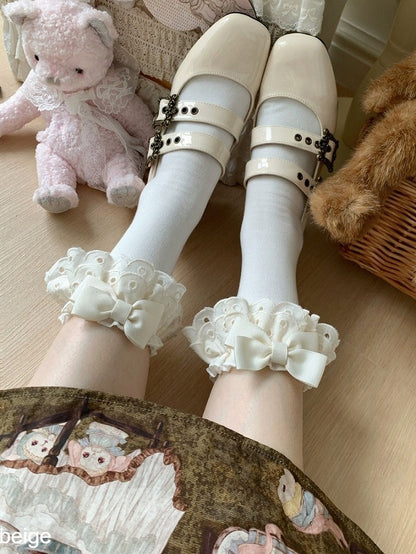 Beige Ankle Socks with Bowknot & Lace Trim, 10 Colors - ROJI ROJI