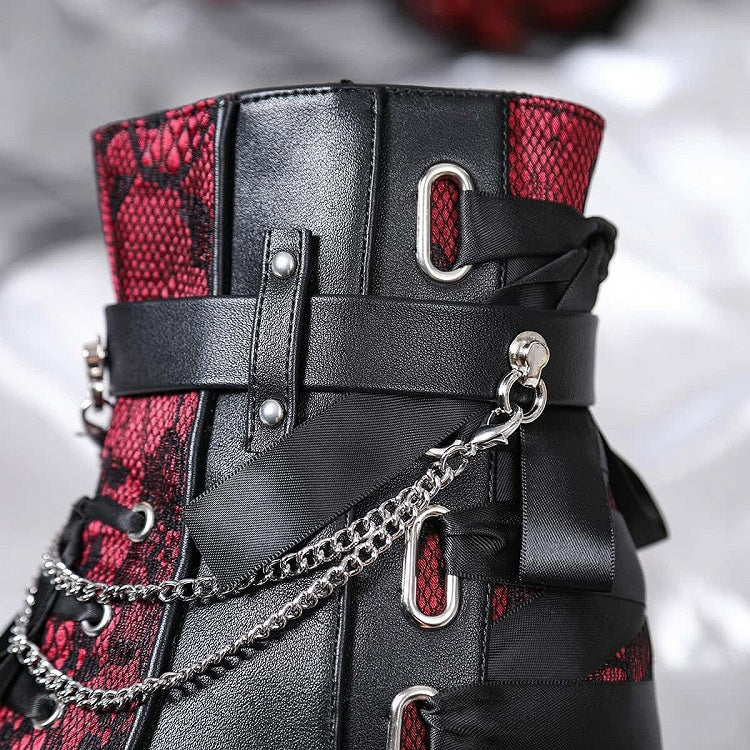 Platform Gothic Block Heel Style in Decor Black Chain High Boots Multi Removable Red System Fastening