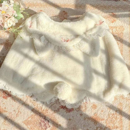 White and Cape with Winter Kitty Pink Ears Lolita Plush Bunny Sweet /