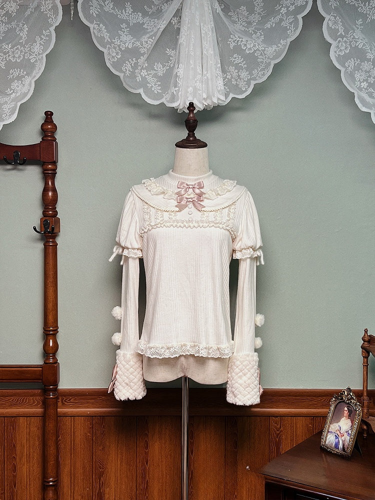 with Top Beige Sleeves Bows Knitted Long Pom-poms and