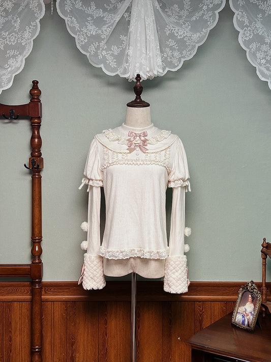 with Top Beige Sleeves Bows Knitted Long Pom-poms and