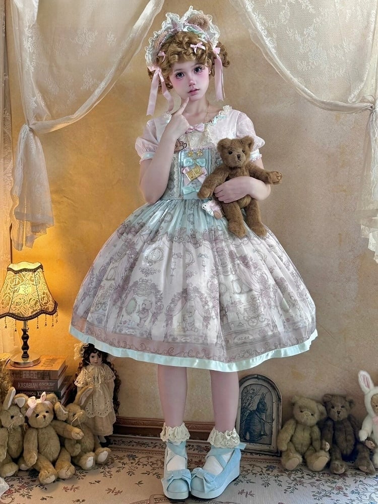 Rose & Mint Short Sleeve OP Gown with Bear Motif - Lunethe