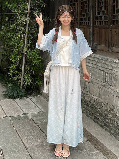 プリントレッグシフォングラデーションブルーワイドフローラルパンツ