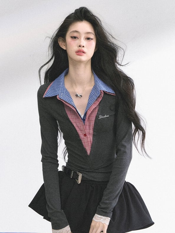 Plaid Collar Gray Slim-fitting Top Faux Two-pieces Red