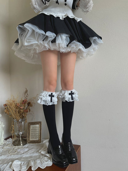 Ruffled Lolita Decoration Sockswith Gothic Calf BlackWhite Cross 3-Layer