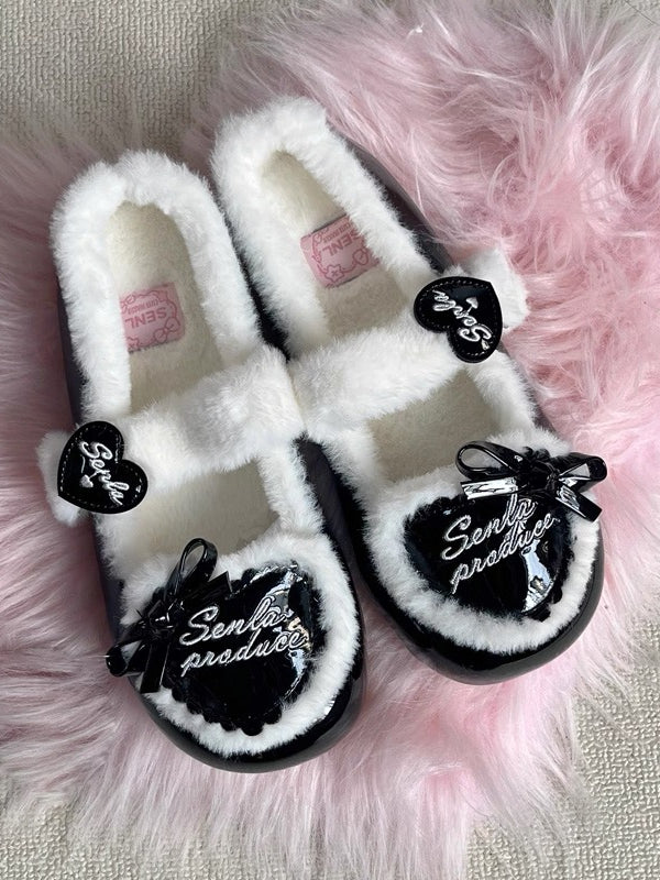 - Knotted Shoes Lolita Heart Snap PU Button Black Accents Design Bow Flat Decorated