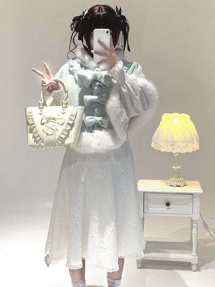 Hooded Colors Faux Jirai Fur with Bow Kitty Decor Detachable Kei Trim 3 Ear Cape