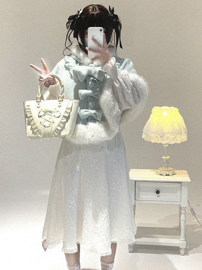 Hooded Colors Faux Jirai Fur with Bow Kitty Decor Detachable Kei Trim 3 Ear Cape