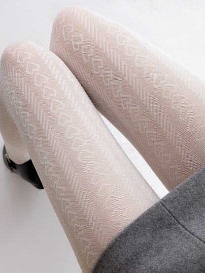 Pattern Creamy Heart Tights White Stripe