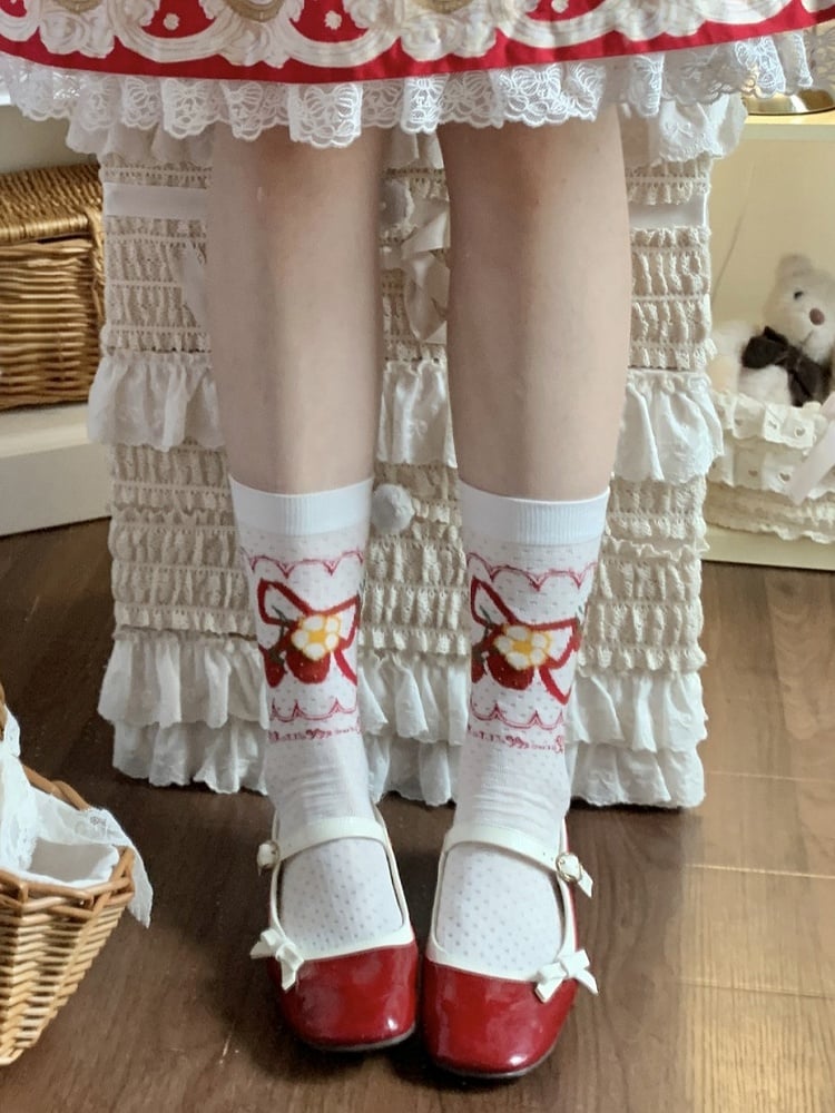 Socks Floral Blue Calf Bow Strawberry Pink/Red/Dark Pattern