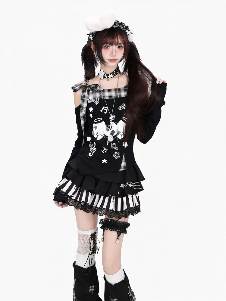 Jet Asymmetric Tartan Cutout Top with Celestial Kitten Print - CRAZY GIRL