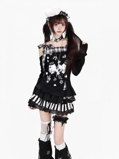 Jet Asymmetric Tartan Cutout Top with Celestial Kitten Print - CRAZY GIRL