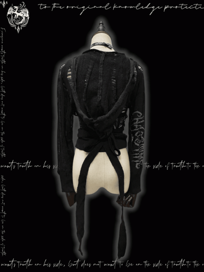 Strap Punk Schwarz Distressed Löcher mit Kapuze Strickjacke Glamouröse Selbst-krawatte