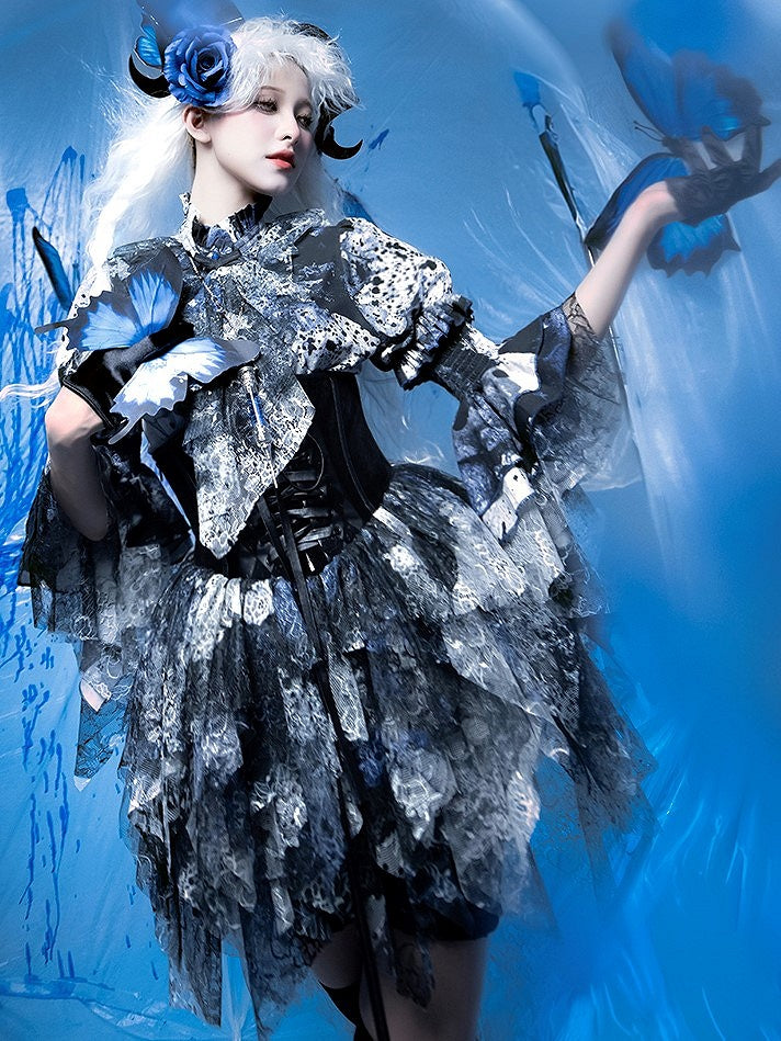 Lolita Bloodstain with Print Train Blue Boned Corset Black Lace Gothic Belt