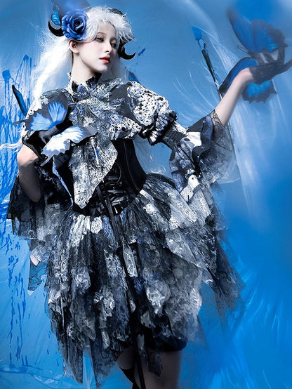 Lolita Bloodstain with Print Train Blue Boned Corset Black Lace Gothic Belt