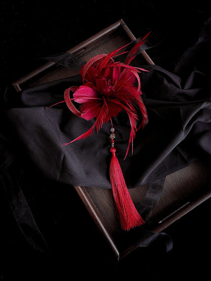 Red / Dark Blue Feather Floral Hairclip