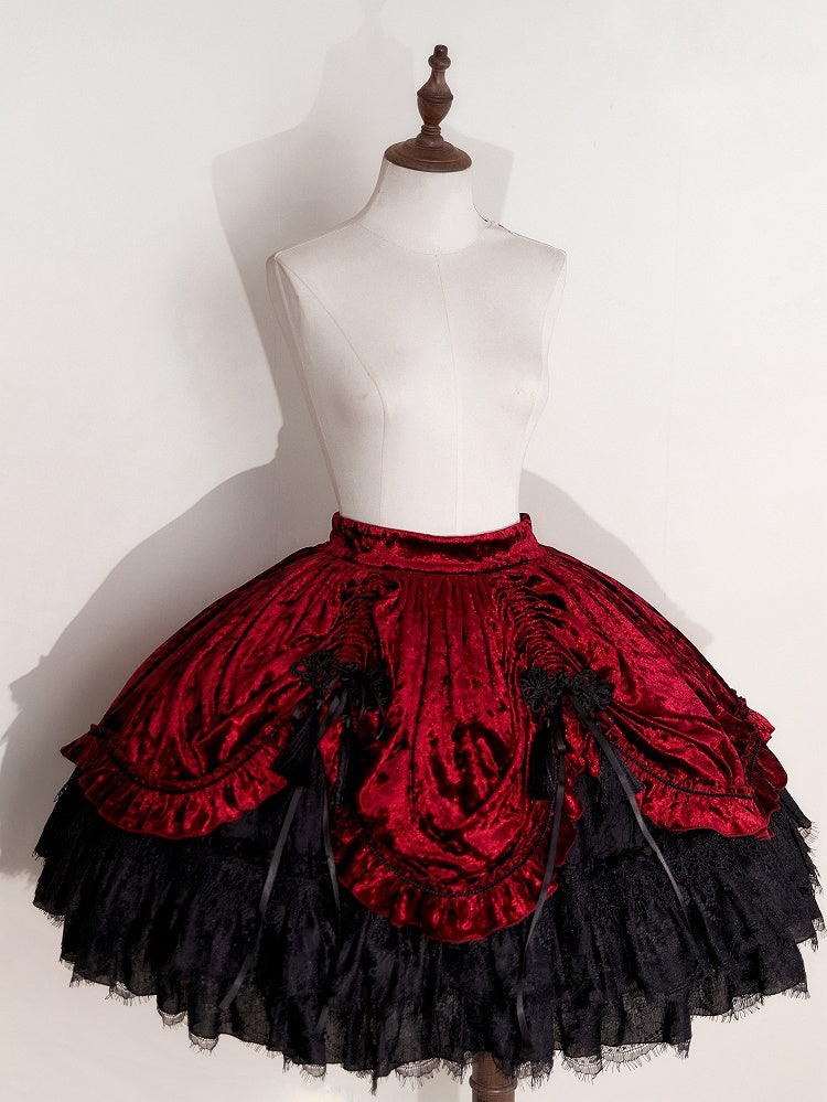 赤いゴシックロリータベルベットタッセルノットボタンドローストリングスカート