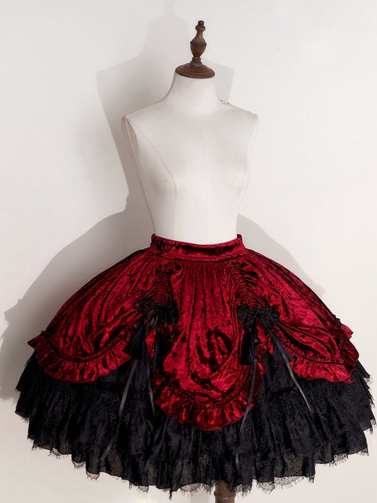 赤いゴシックロリータベルベットタッセルノットボタンドローストリングスカート