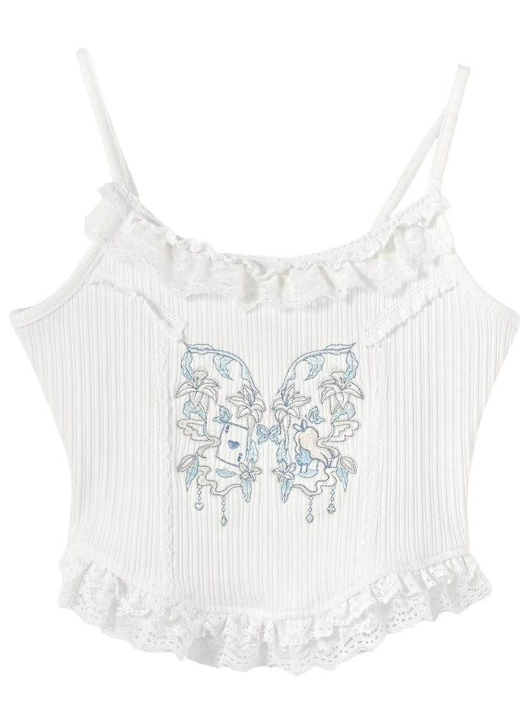 ホワイトバタフライ刺繍フリルレースヘムホリデーキャミソールトップ