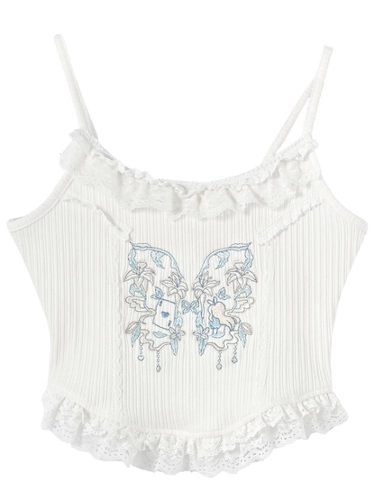 ホワイトバタフライ刺繍フリルレースヘムホリデーキャミソールトップ