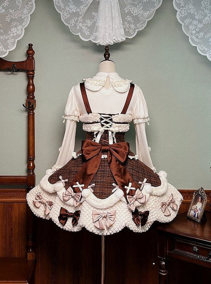 Applikationen Süßes Plüsch Herzchen und Akzente mit Braunen Details Schleife Kleid Lolita Weiß
