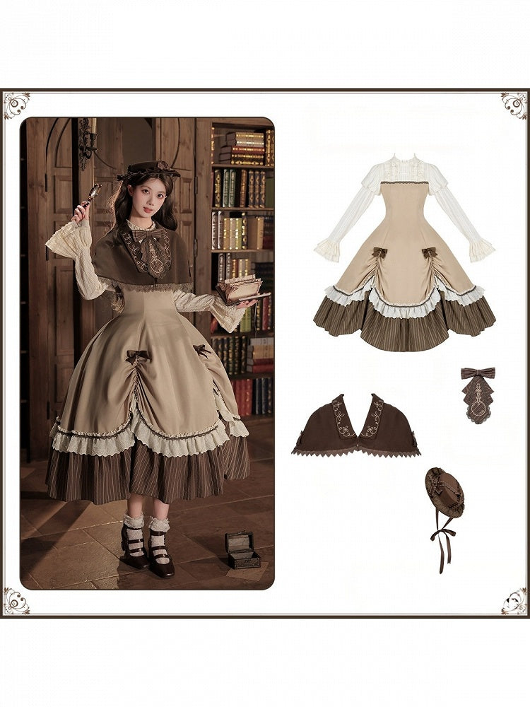 Brown Striped Faux Two-Piece Lolita Dress Outfit with Cape, Jabot & Mini Hat - With PUJI