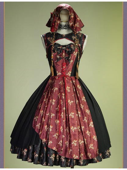Retro Floral Print Lolita JSK with Layered Skirt - Neoludwig
