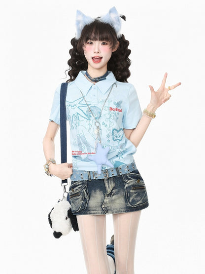 Blue Turn-Down Collar Tee with Anime Graphic - Languid Park