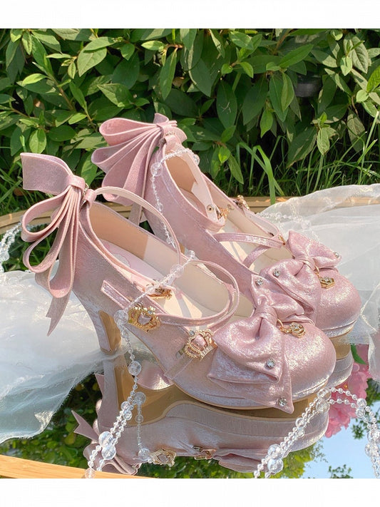 Pink Crown Buckle 8.5cm High Heels with Bowknot and Crystal Accents - Aimee