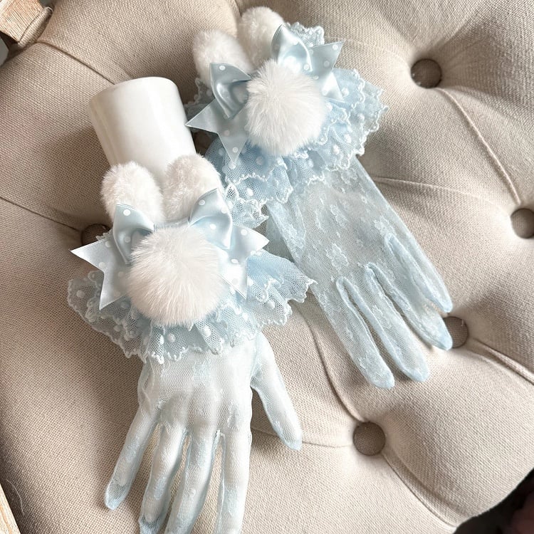 Blue Accents) Set Cuffs Light Pom-Pom (Furry Wrist Gloves Lolita