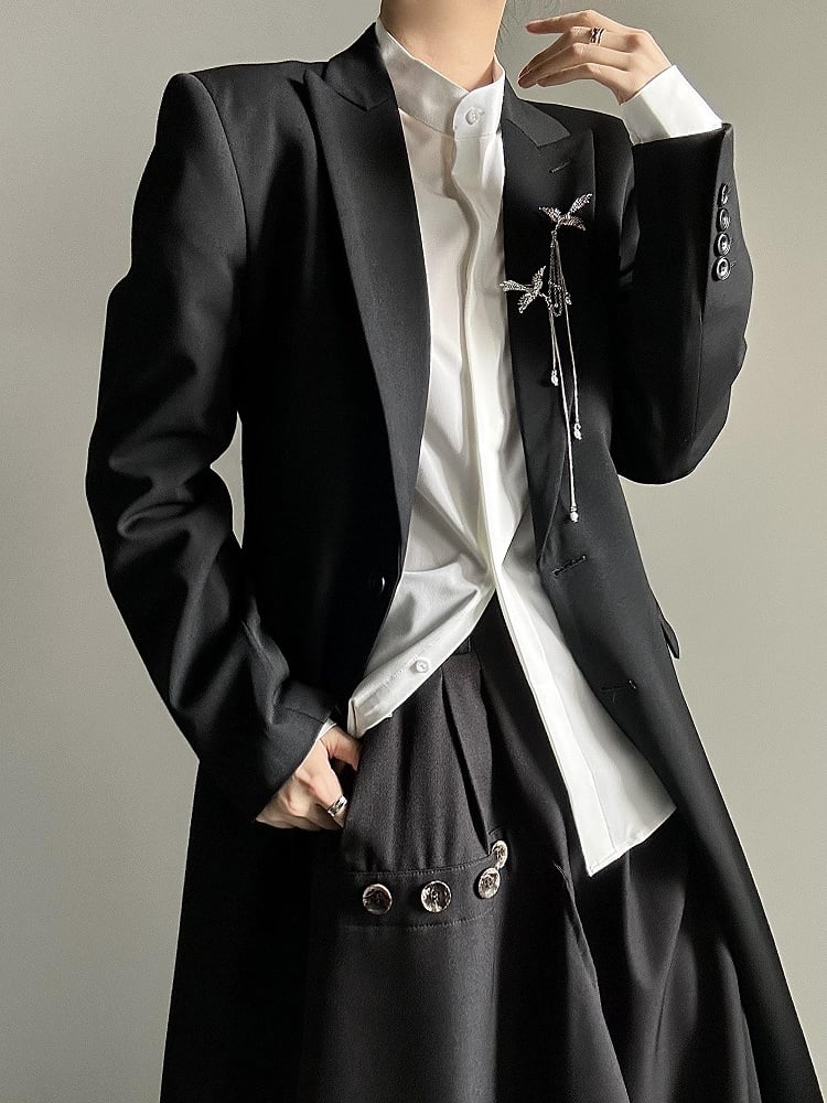 Black Structured Long Trench Coat with Notch Lapel