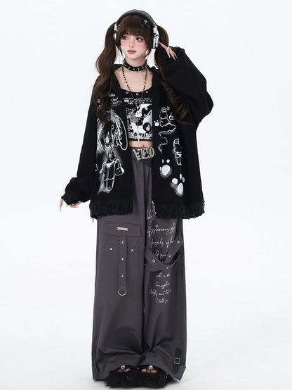 パンクレタープリントグレーアシンメトリーストレートレッグカットカーゴパンツ