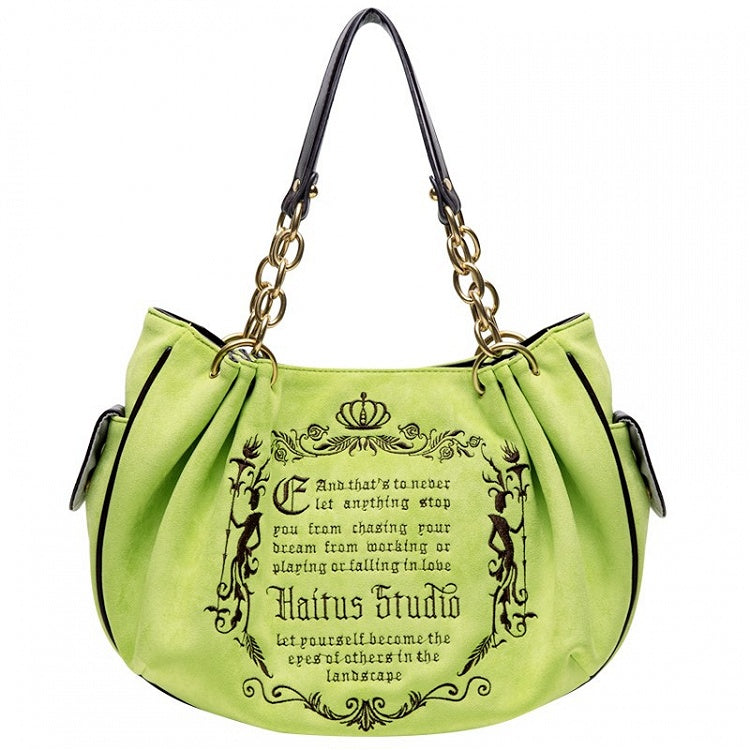 Vintage Green Gothic Lettering Embroidered Tote Bag with Chain Strap