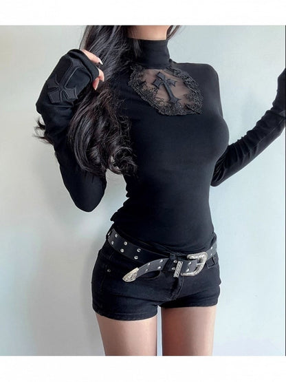 Top Cross Gothic Applique Long with Cutout Tulle Hexagon Halloween Charm Sleeve Black