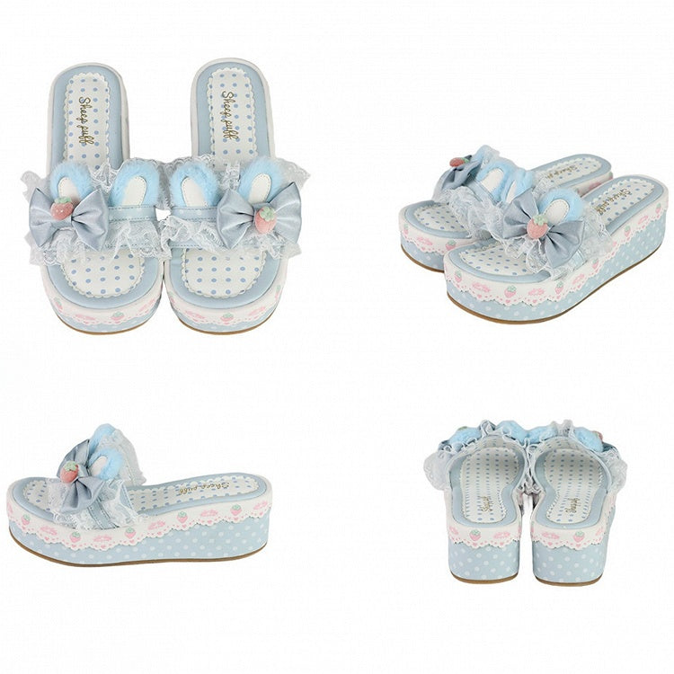 Lolita Trim Bunny Accents Blue Bow Lace Sweet Platform Plush Slippers Ear