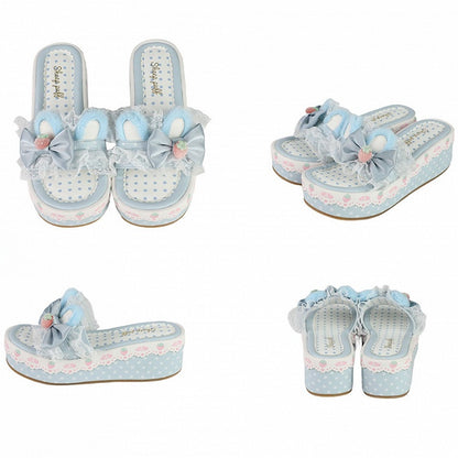 Lolita Trim Bunny Accents Blue Bow Lace Sweet Platform Plush Slippers Ear