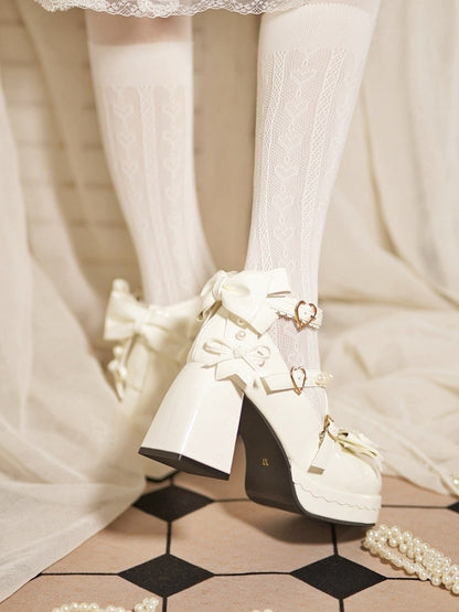 Plateau Mary Block mit überkreuzten Riemen - Janes Heel Schnalle High Sweet Lolita Weißes Herz Perlen