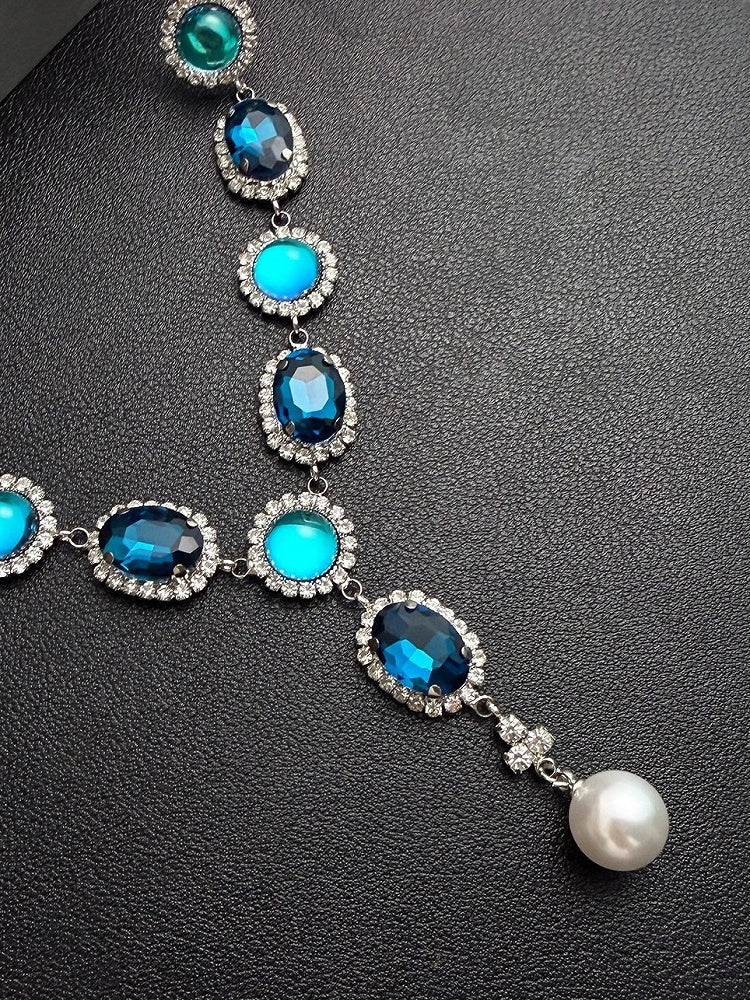 Vintage Blue Rhinestone Necklace Adorned with Pearls - YSHXS