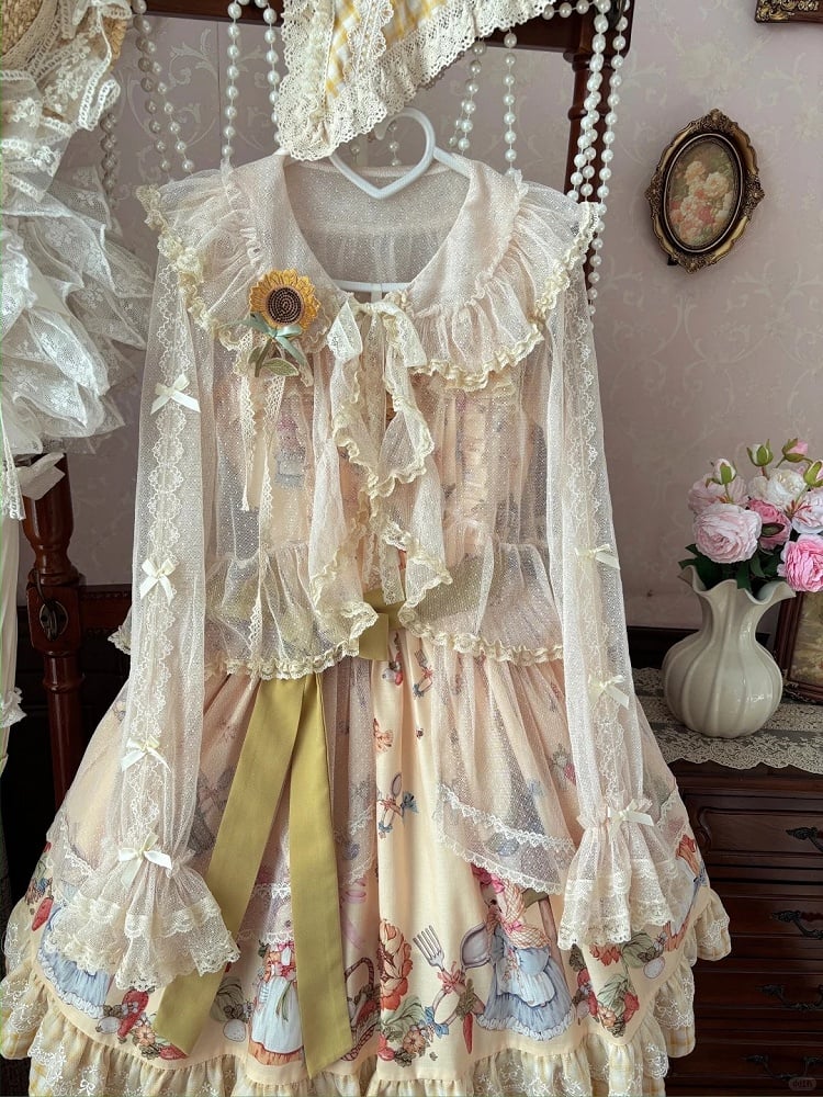 Lolita Bowknots with Sheer Ruffled and Top Trim Apricot Lace