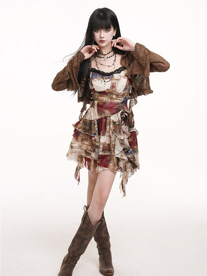 Coffee Punk Ruffled with Cardigan Fitted Slit Collar Cuffs