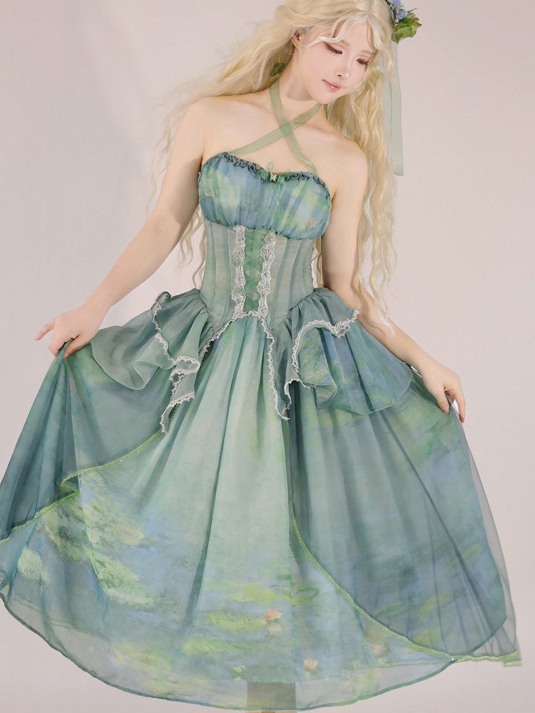 Fairy Oil Tiered Flounce Hem Halter Boned Corset Top Green Painting Print