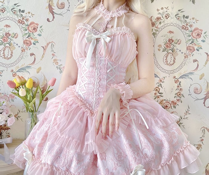 Neck Balletcore Corset Lolita Dress Pink Belle JSK Halter Cross