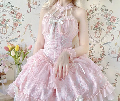 Cross Belle Rosa Neckholder-Korsettkleid Balletcore Lolita JSK